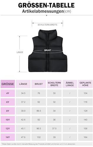 maoo garden Mädchen Winter Pufferweste Daunenimitat kurz geschnitten leichte wasserabweisende ärmellose Jacke für große Mädchen Schwarz 6 Jahre