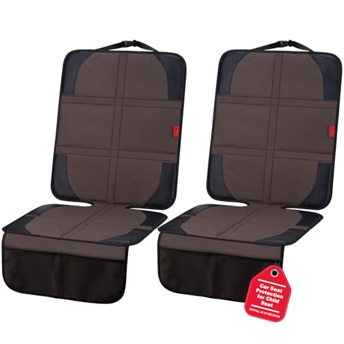 Kaiphy Car Seat Protector with Thick Padding + XL Large Car Seat Cover for Child Car seat, Eco Friendly Waterproof & Durable Fabric + 2 Storage Pockets Protect Fabric or Leather Seats 2Pack (Brown)
