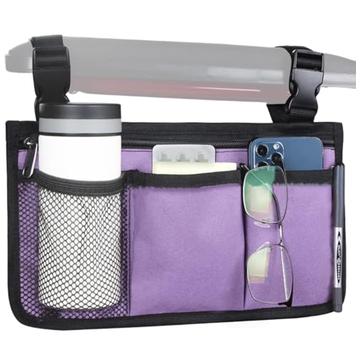 WEEOATAR Wheelchair Side Bags Storage Pouch with Cup Holder, Water-Resistant, Easy to Use with Release Buckle, Side Pocket with Reflective Stripe for Wheelchairs, Walkers or Rollator (Purple)