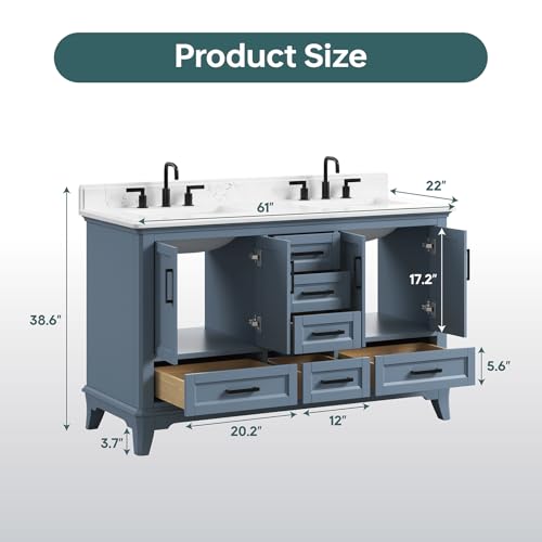 DELUXE LIVING 60 Inch Bathroom Vanity Double Sink, Fully Assembled Solid Wood Frame Double Sink Bathroom Vanity with Soft Closing Doors & Full Extension Dovetail Drawers, Quartz Top, Steel Blue