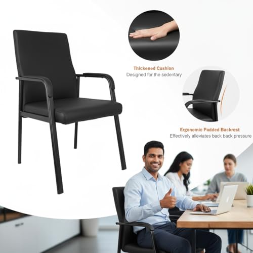 Image of Leather Office Guest Chair, Guest Conference Room Chair, 600 LBS Capacity High Back Reception Chair with Padded Armrests, No Wheels, Black - 10 Pack