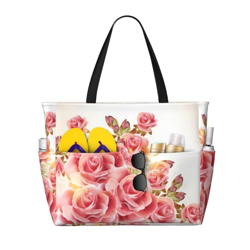 Grand sac fourre-tout noir à imprimé rose pour femme - Sac bandoulière décontracté
