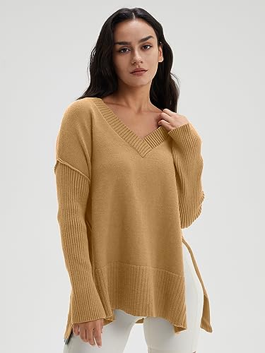 Image of DEEP SELF Women's V Neck Oversized Sweaters Long Batwing Sleeve Split Hem Pullover Asymmetric Loose Casual Knit Tops