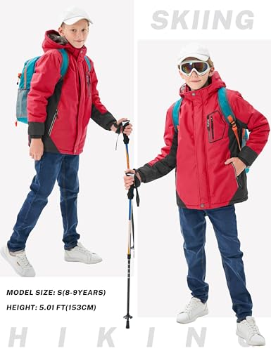 MoFiz Chaquetas de Esquí para Niño Invierno Forro Cálido Abrigo Impermeable de Nieve Montaña Antiviento con Capucha Desmontable Rojo/Gris oscuro L(13-16años) - imagen 6