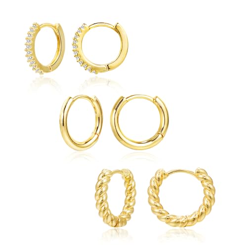 3 Pairs Small Huggie Hoop Earrings Set for Women 14K Gold Hypoallergenic Earrings Lightweight Huggie Hoops Earrings for Women Trendy