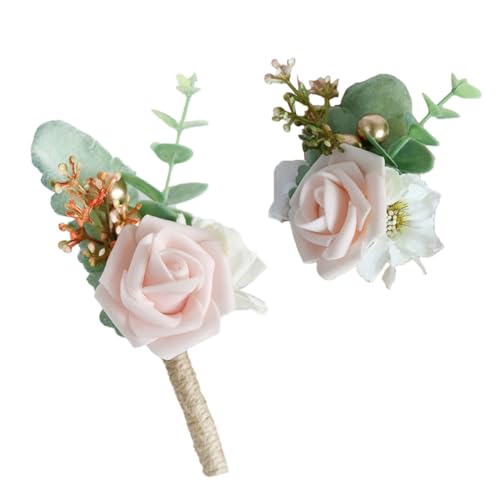 Qiantull Juego de ramillete de muñeca para boda, con broche de flor, pulsera ramillete para muñeca, flor, accesorio de boda, para novio, novia, padrino, dama de honor, color rosa claro