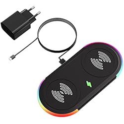 Cargador Inalambrico Doble KBCASE 2 in 1 Cargador Inalámbrico Rápido,15W Carga Rápida Simultánea para 2 Dispositivos,iPhone 14/13/12/Pro/Max/Plus/Mini/XR,Samsung Galaxy,Huawei,Apple Watch(con Adaptador)