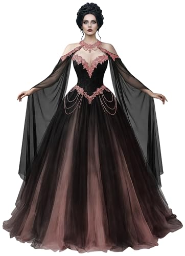 Mauuwy Gorgeous Black and Dusty Rose Wedding Dress with Cape