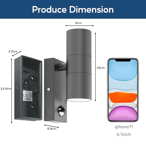 Kerry Outdoor Wall Lights, Up and Down Lamp with Motion Sensor, IP44 Anthracite Grey Stainless Steel Outside Lighting Mains Powered Fixtures, PIR Detector External Wall Sconce for Front Door - 2 Pack - Image 3