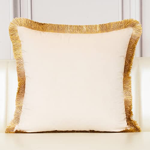 Aeckself 20 X 20 Inch Luxury European Home Decorative Pillow With Tassels Square Leather Chain Velvet Throw Pillow Cover Cushion Case For Sofa Bedroom Living Room Car, Beige Gold #TOP1