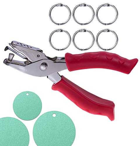 WEKOIL Profi Single Hole Paper Punch Hand Held Metal Push Puncher Soft Gripper Lanyard Binder Scrapbook Greeting Card Craft Round Hole Puncher with Extra 6 Pcs Silver Book Ring Binder,Pink