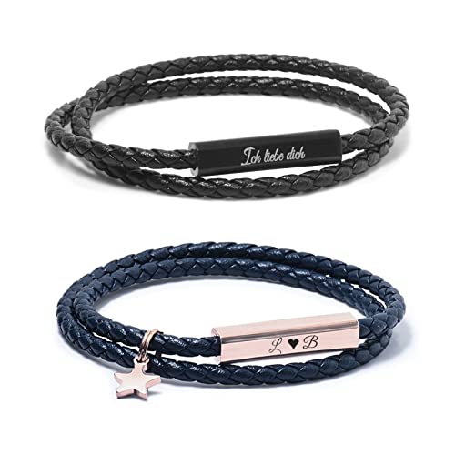 TMT Personalisierte Partner Armbänder mit Gravur | Roségold Silber Schwarz Blau | Lederarmband Herren Damen | Pärchen Armband mit Namen | Partner Geschenke Valentinstag Geschenk für sie