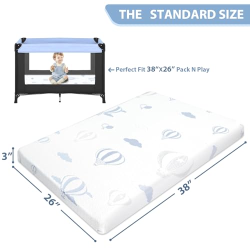 Image of Pack and Play Mattress - 38 inchx26 inch Pack N Play Mattresses Pad with Breathable Removable Cover - Dual-Sided Memory Foam Foldable Portable Baby Crib Mattress, Balloon