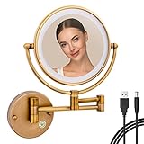 RECKODOR Brass Wall Mounted Makeup Mirror with Lights and Magnification, Rechargeable Lighted Magnif