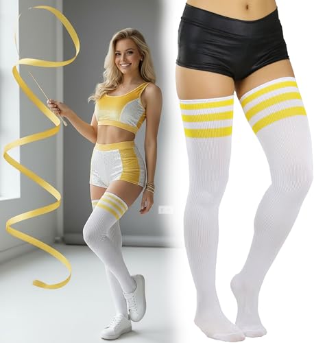 Image of ToBeInStyle Women's Heavyweight Knit Thigh High Long Socks w /Contrast 3 Stripe Top Band