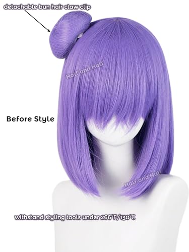 Image of Half and Half Short Purple Bob Anime Cosplay Wig with Bangs & Bun 13.4'' Light Purple Nin-ja Women's Synthetic Hair Wigs for Halloween Party Costumes