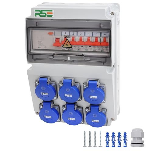 RSE BAUSTROMVERTEILER WANDVERTEILER KOMPLETT VERDRAHTET 230V SCHUKO MIT ZÄHLER ZUR AUSWAHL IP65, 11. 6X 230V MIT LS + FI 3P