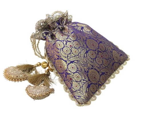 Image of MILAN'S CREATION Pure Banarasi Potli Silk Brocade Bag Purse Drawstring Women's handbag with Pearl Handle & Tassel Weddings