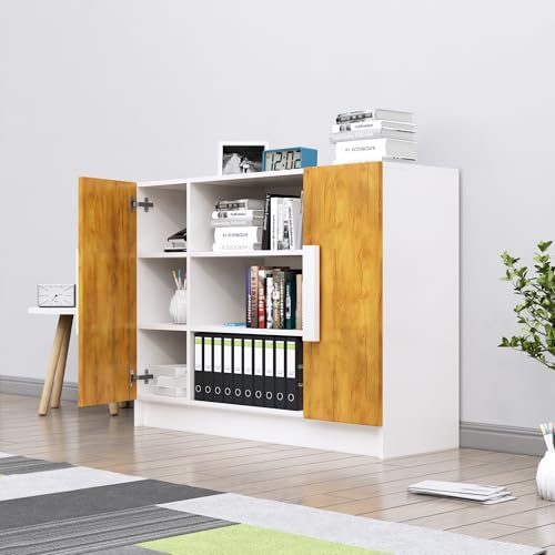 Image of Bniture Storage Cabinet Wooden Sideboard for Living Room with 3 Shelf & 2 Door Multipurpose Book Shelf Storage Organizer Cabinet for Office Home Hallway Drawing Room Bedroom |Frosty White & Giant Wood