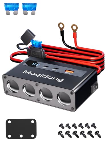 Moqidong 12V/24V KFZ Verteiler mit 15A Sicherung, 4-Fach 12V Steckdose 30W PDx2 & QC3.0 USB Metallgehäuse, Adapter Zigarettenanzünder Steckdose, 2M 2.5mm² 12 Volt Verlängerung für Auto/Wohnmobil/Boot