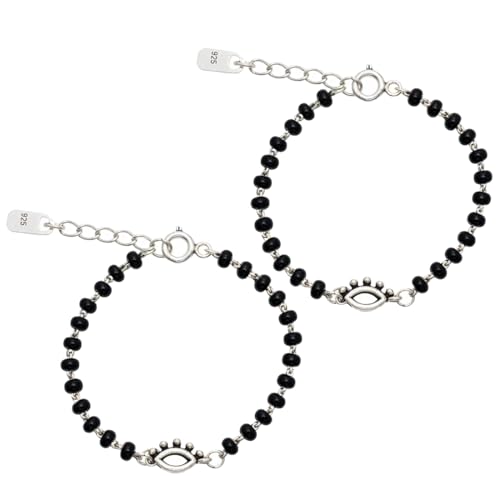 Image of Parnika (Formerly MJ 925 Traditional Silver & Black Crystals Baby Nazariya Kids Silver Bracelet in Pure 92.5 Sterling Silver for Kids - One pair
