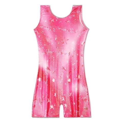 Nymphperi Girls Gymnastics Leotards Size 7-8 Years Old Sleeveless Biketards Pink Star Kids Unitards with shorts Cover