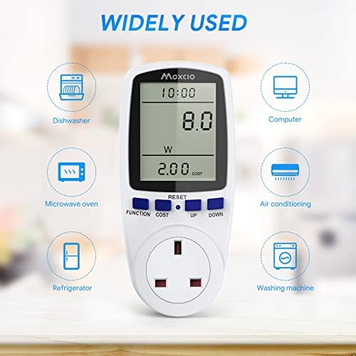 Electricity Usage Monitor Power Consumption Meter, Maxcio 13A Power Meter Energy Monitor UK Plug with Backlight LCD Display, Energy Saving Analyzer KWH Meter Socket Amp Watt Meter, Updated Version 2P