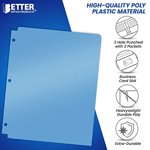 3 Hole Punch Pocket Folders, Bulk Pack, Sturdy Plastic 2 Pocket Folders, Assorted Primary Colors, Letter Size, With Business Card Slot, By Better Office Products (12 Pack) #TOP1