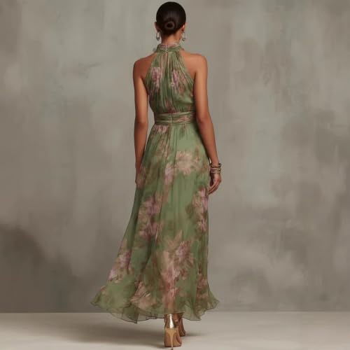 Womens Fall Boho Dresses Halter Flowy Floral Wedding Guest Maxi Dress Green - image 3