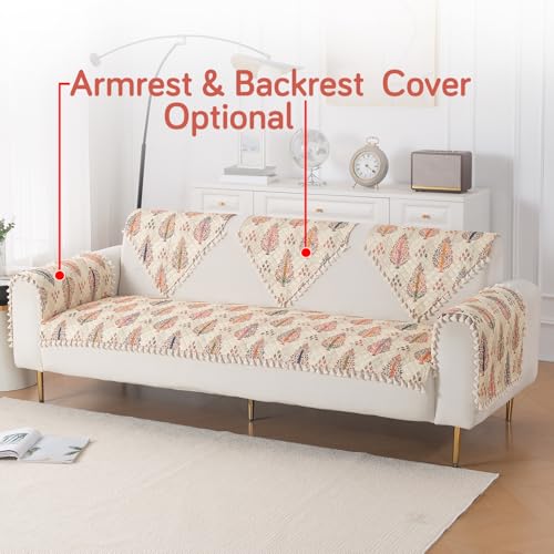 Image of HOKIPO Royal Kalamkari Quilted Sofa Cover 5 Seater Set with Tassels - Washable 3+2 Sofa Cover Mat |'Tassel Twigs' Series (IN-985-T2 + IN-983-T2)