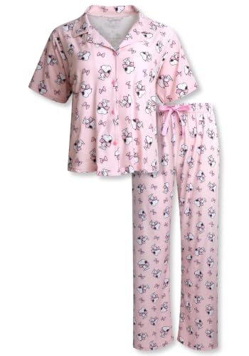 COCO BRANDS Peanuts Snoopy Women Pajama Sets - 2 Piece Sleepwear Soft Button Down Sleep Shirt and Pajama Pants Size Medium Powder Pink Bowties Snoopy