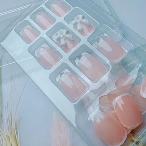 24Pcs Pink Press on Nails Short Square Fake Nails White French Tip Press ons Full Cover Glue on Nails Solid Color Glossy Nude Pink Designs Cute False Nails Stick on Nails for Women Daily Wear - Thumbnail 6