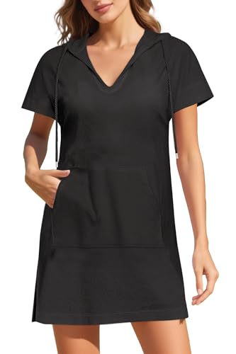 Pinup Fashion Terry Cloth Swimsuit Cover Up Women Hooded Cotton Cover with Pocket