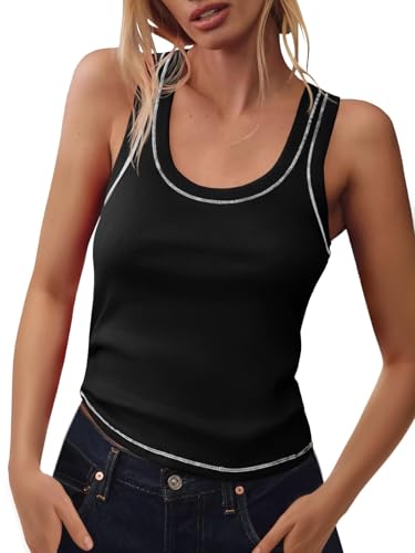 Tankaneo Womens Summer Ribbed Tank Top Casual Ringer Scoop Neck Sleeveless Knit Fitted Tops Going Out Tee Shirts