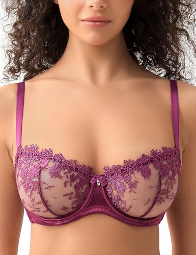 Image of Wingslove Women's Sexy Lace Bra Demi Sheer Mesh Balconette See Through Bralette Unlined Underwire Embroidered
