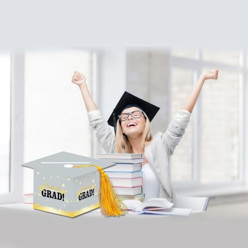 Image of 2026 Graduation Party Card Box, Gray Gold Congrats Cap Card Holder Box with Tassel for 2026 Graduation Party Decoration