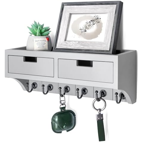 Rebee Vision Key Holder Wall Mount with 2 Drawer Organizer : Mail Organizer for Wall with 6 Key Hooks & Shelf - Stylish Apartment Essentials for Aesthetic Room Decor (Light Gray) Cover