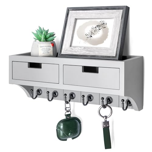 Rebee Vision Key Holder Wall Mount with 2 Drawer Organizer : Mail Organizer for Wall with 6 Key Hooks & Shelf - Stylish Apartment Essentials for Aesthetic Room Decor (Light Gray)
