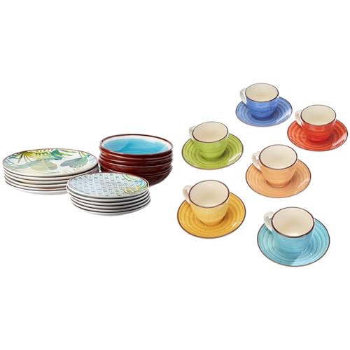 Tognana Jungle Servizio Piatti Per 6 Persone, Porcellana E Stoneware Decorato A Mano, Multicolore, 18 Pezzi & Art & Pepper, Set 6 Tazzine Caffè Con Piatto cc 90, 12 Pezzi, Stoneware, Multicolore