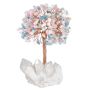 15cm Kristallbaum auf Bergkristall Druse, Rosenquarz + Aquamarin Deko | Edelstein-Baum