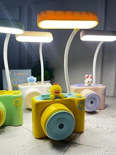 Image of Kiditos Small Study Desk LED Lamp Rechargeable, 360 Flexible Gooseneck Lamp with Pen Holder, Pencil Sharpener, Table Lamp for Girls Boys Room (Camera), Yellow