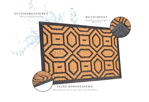 Hanse Home Fußmatte Kokos und Gummi für Innen und Außen - Outdoor Schmutzfangmatte Natur, Outdoor Geometrisches Muster, Wetterfest und rutschfest für Flur, Terrasse, Eingangsbereich - 45x75cm