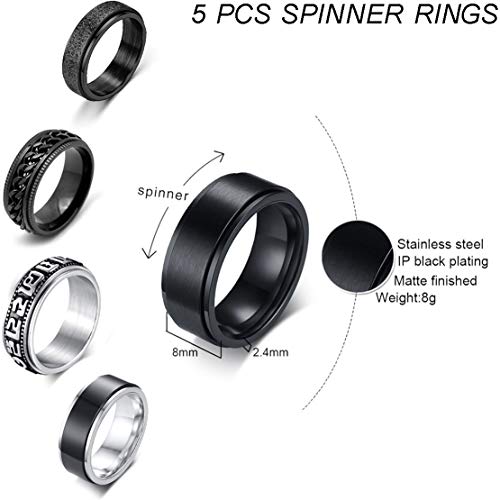 Wainis 8 Pcs Stainless Steel Black Fidget Spinner Rings For Men Women Cool Release Anxiety Rings Set Size 8 #TOP1