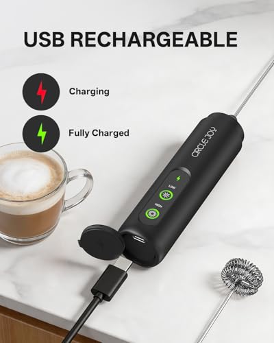 Image of CIRCLE JOY Rechargeable 2-Speed Handheld Milk Frother with Stand, Dual Spring Whisk Electric Foamer, Portable & Detachable Coffee Frother Wand, Drink Mixer for Lattes, Macchiato, Hot Chocolate, Black