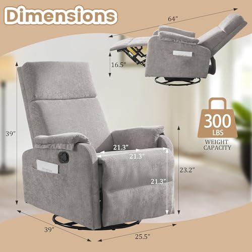Image of Korser Swivel Rocking Recliner with Massage, Small Glider Chair for Nursery, Modern-Designed Armrests Chair for Adults Living Room, Chenille, Grey