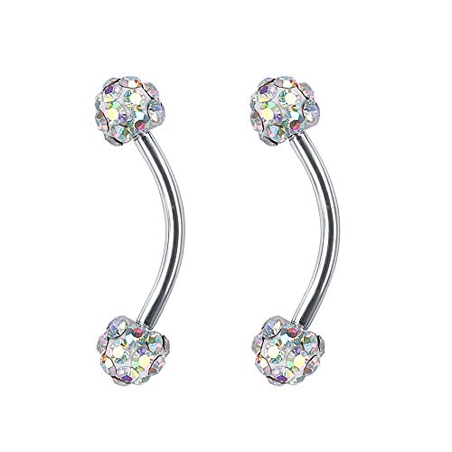 ZS 16 Gauge Eyebrow Rings, Curved Barbell, 4mm Crystal Ball Belly Button & Nipple Rings, Tongue Piercings