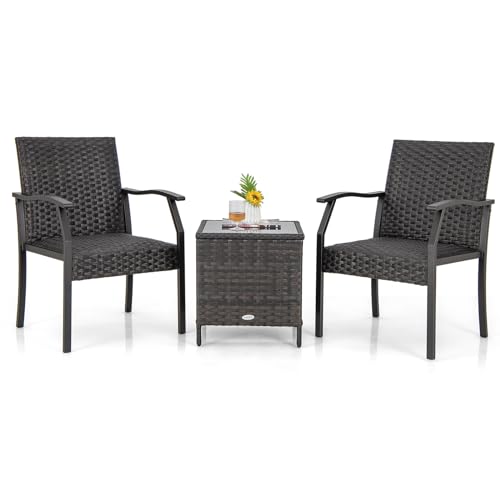 COSTWAY Set di 3 Mobili in Vimini da Giardino con Cuscini, Set Sedie e Tavolino con Piano Tavolo in Vetro Temperato, Struttura in Metallo, Set Mobili in Rattan per Balcone e Giardino