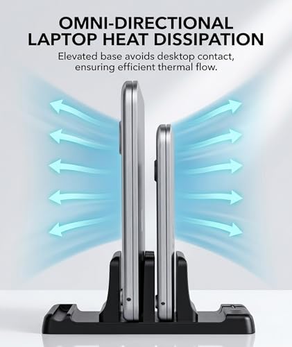 Image of Vertical Laptop Stand, Space Saving Design for Desk Organization, Dual Slot Laptop Holder for Laptop and Tablet, Compact Vertical Stand for Home Office and Dorm Rooms, Black Color