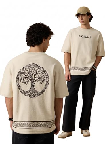 Image of The Souled Store Nomad: Celtic Men and Boys Short Sleeves Round Neck Off-White Embroidered Celtic Tree Graphic Casual Drop Shoulder Streetwear Trendy Super Oversized T-Shirt