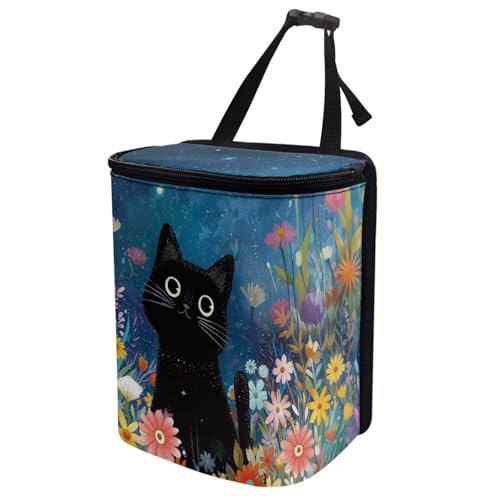 Image of Talayituse Cat Daisy Flower Print Car Trash Can Portable Auto Garbage Bin Multifunctional Vehicle Interior Accessories with Adjustable Straps Universal Fit Truck SUV Sedan